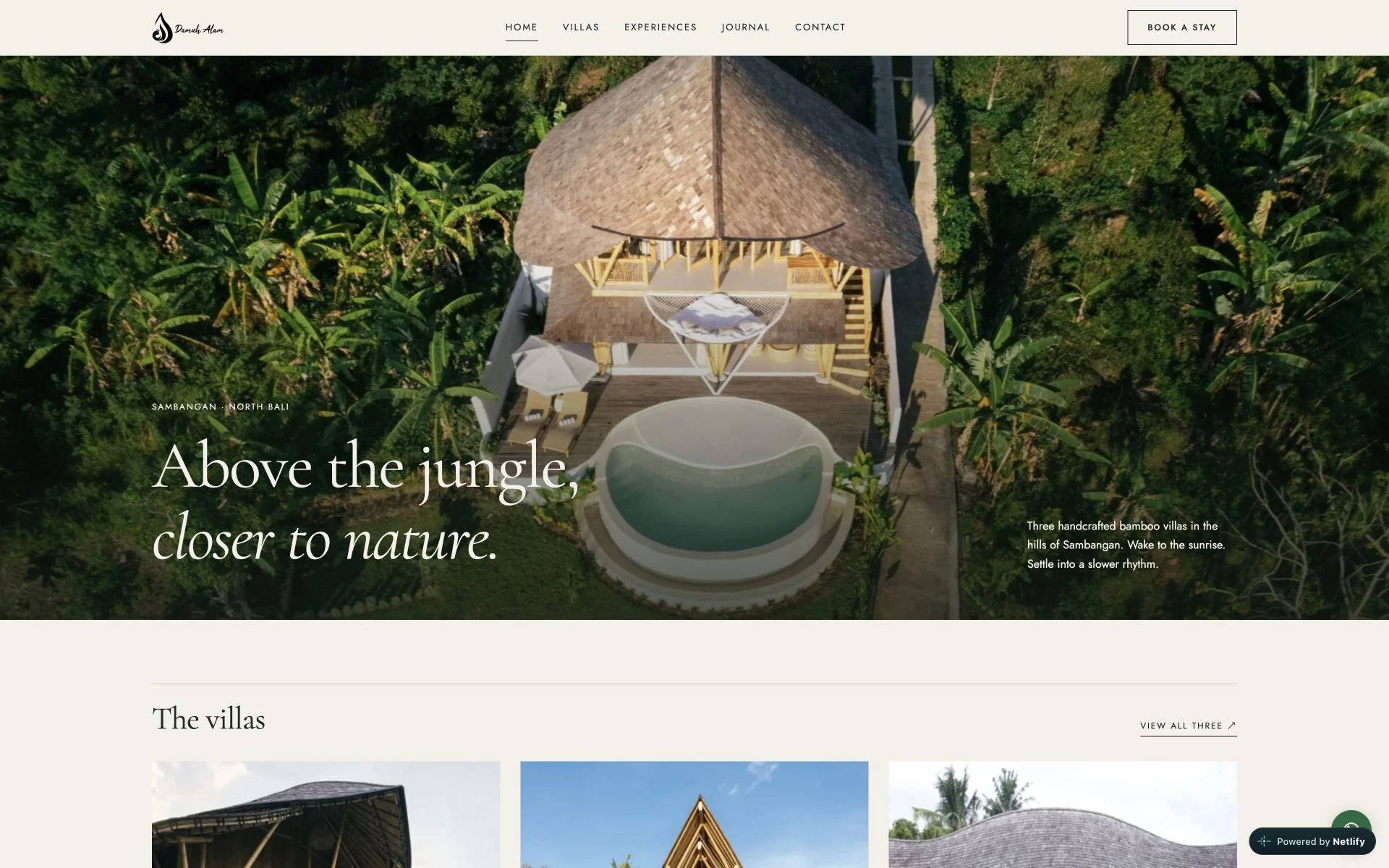 Damuh Alam website, a bamboo villa retreat in North Bali.