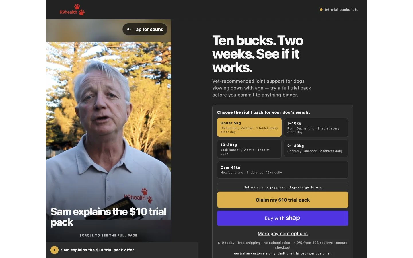 K9 Health Shopify trial landing page for the CurcuPet K9 Trial Pack.