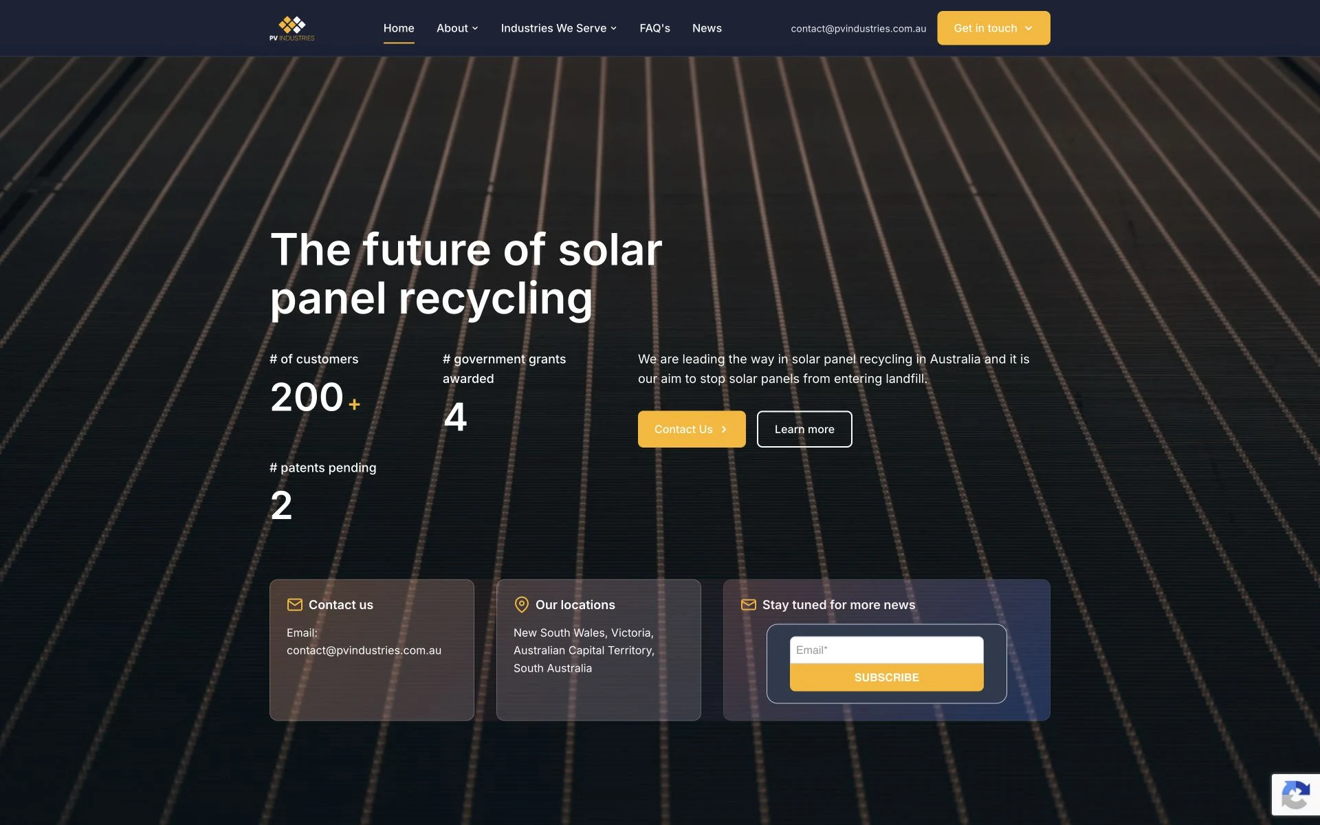 PV Industries website: solar panel grid and recycling statistics.