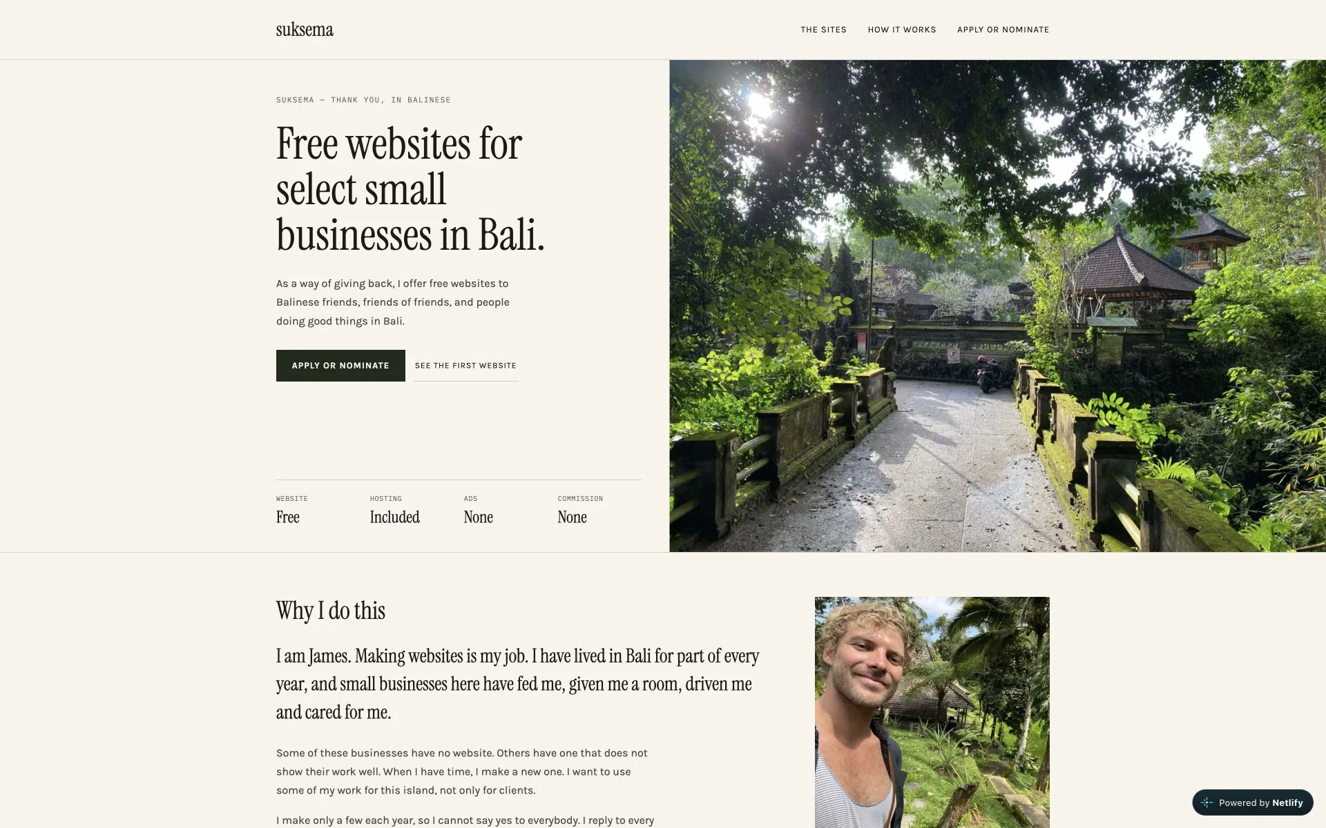 Suksema website offering free websites for small businesses in Bali.